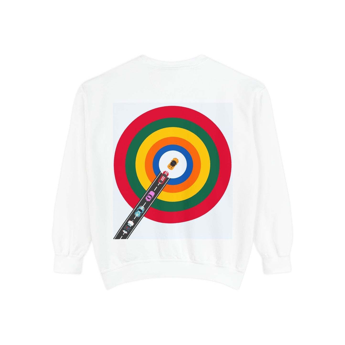 Circle Road Sweatshirt | Geometric Design with Cars and Colorful Circles