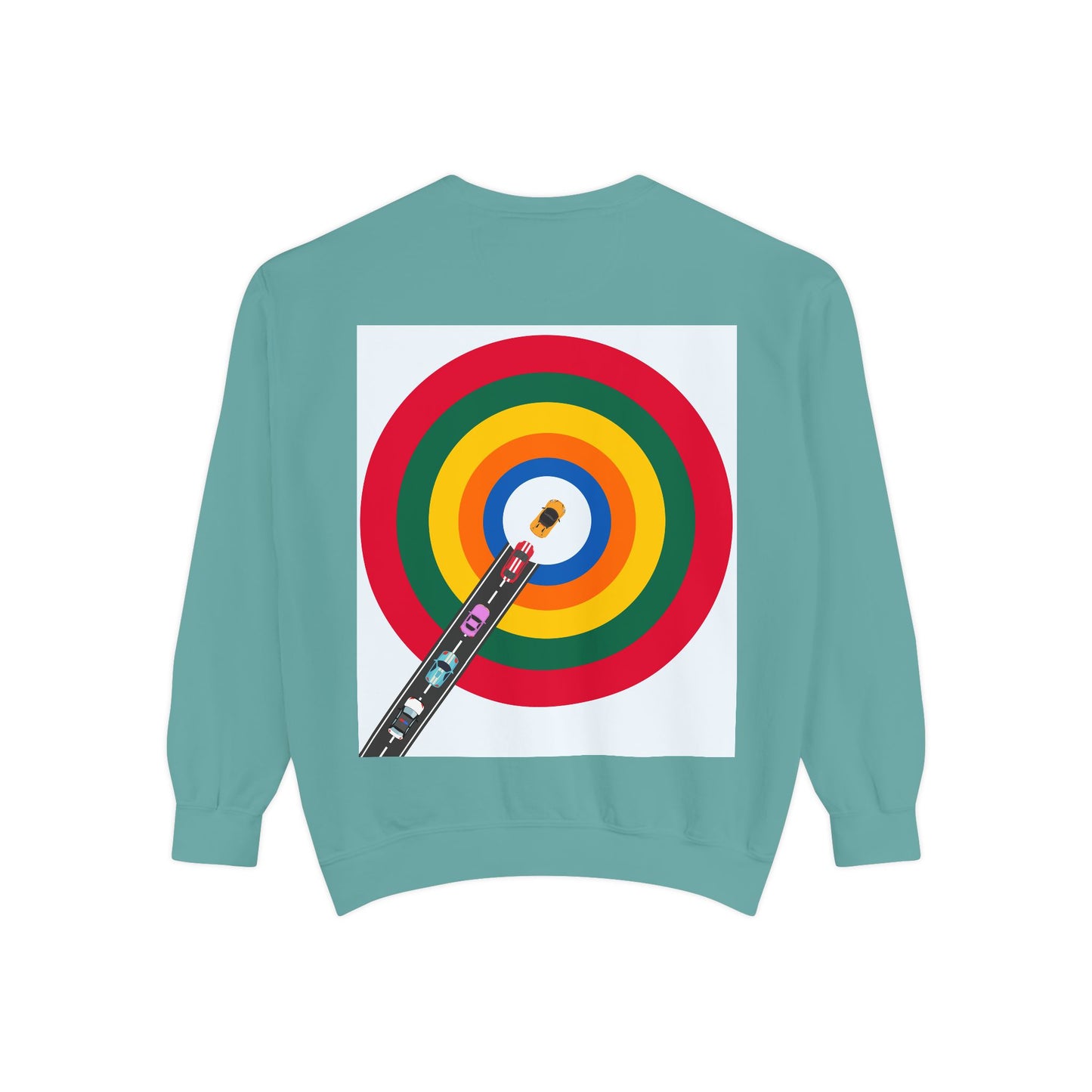 Circle Road Sweatshirt | Geometric Design with Cars and Colorful Circles
