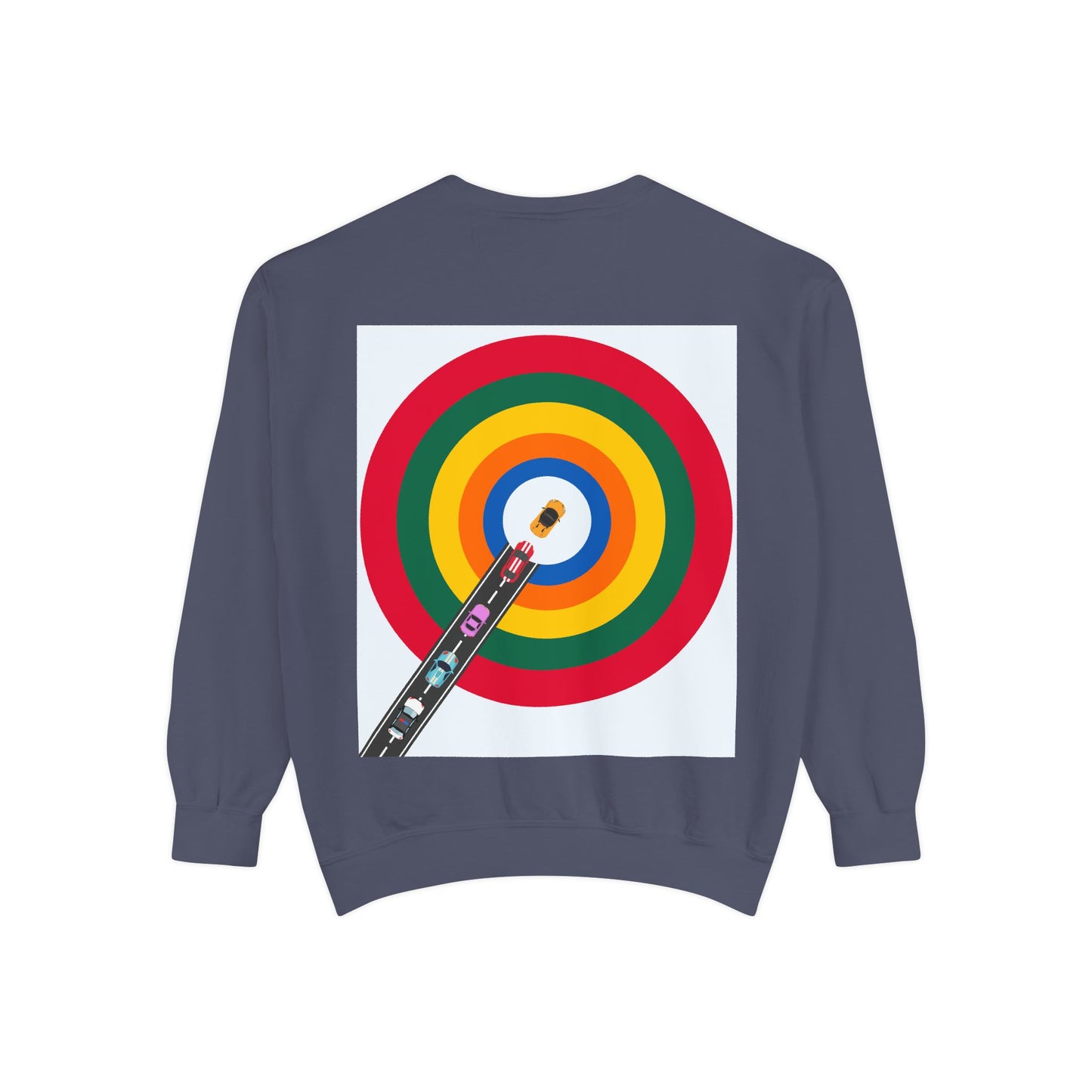Circle Road Sweatshirt | Geometric Design with Cars and Colorful Circles