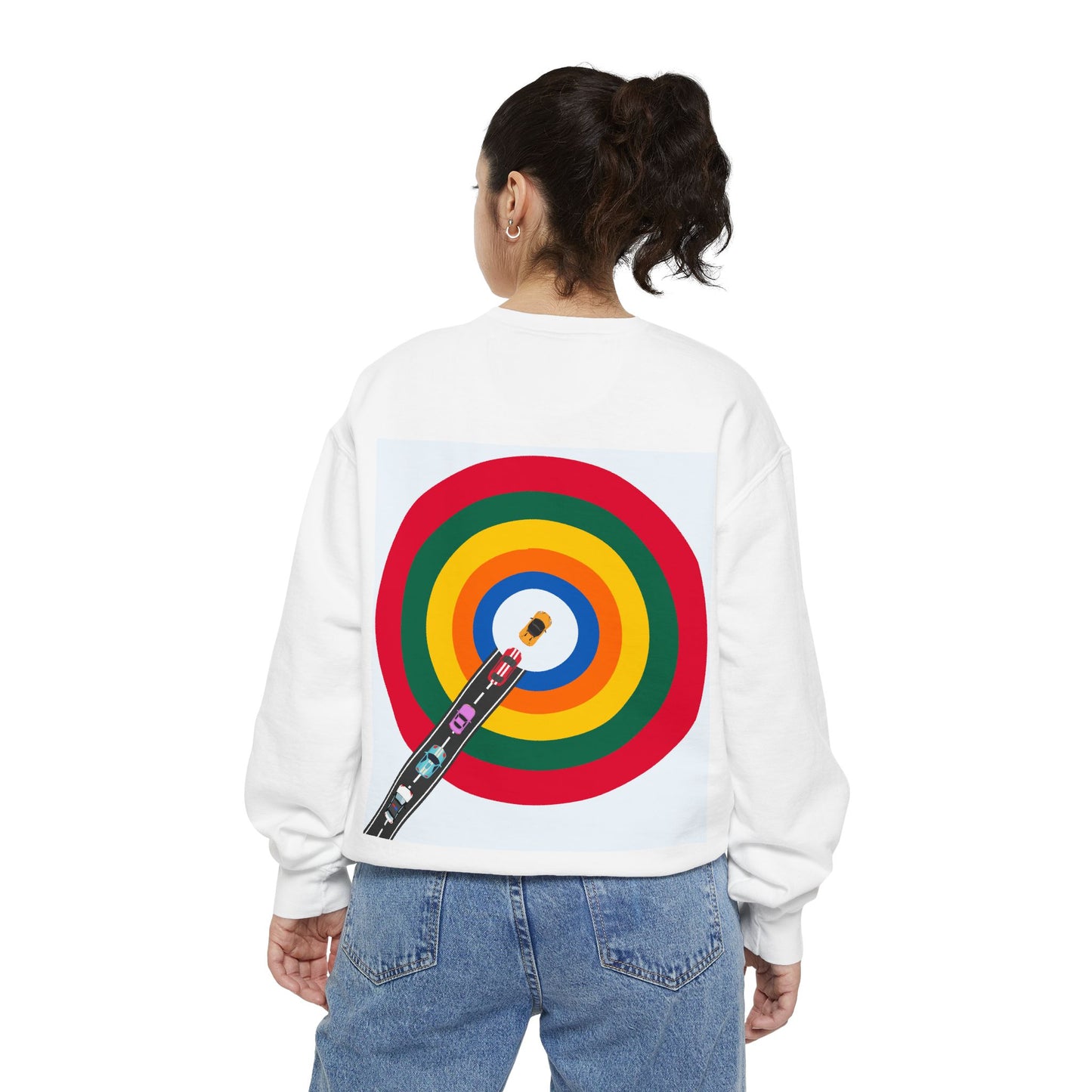Circle Road Sweatshirt | Geometric Design with Cars and Colorful Circles