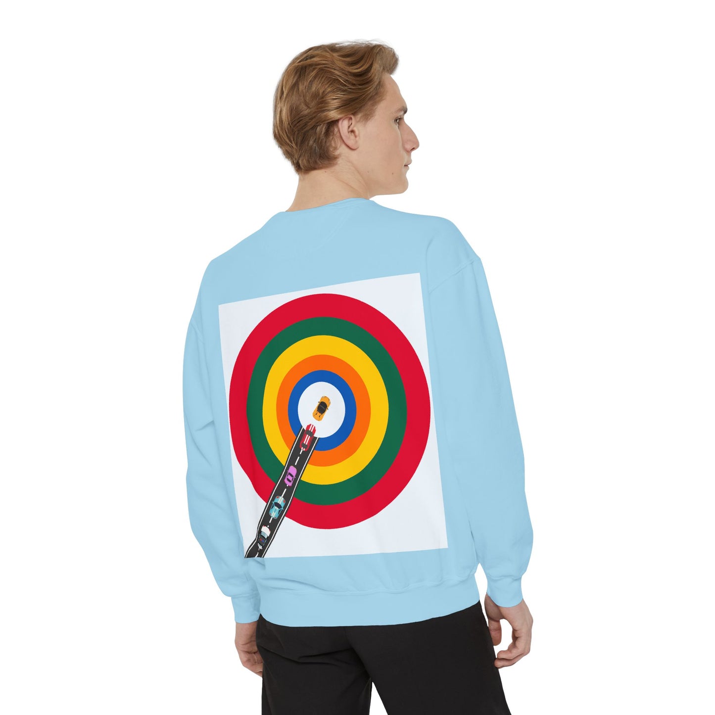 Circle Road Sweatshirt | Geometric Design with Cars and Colorful Circles