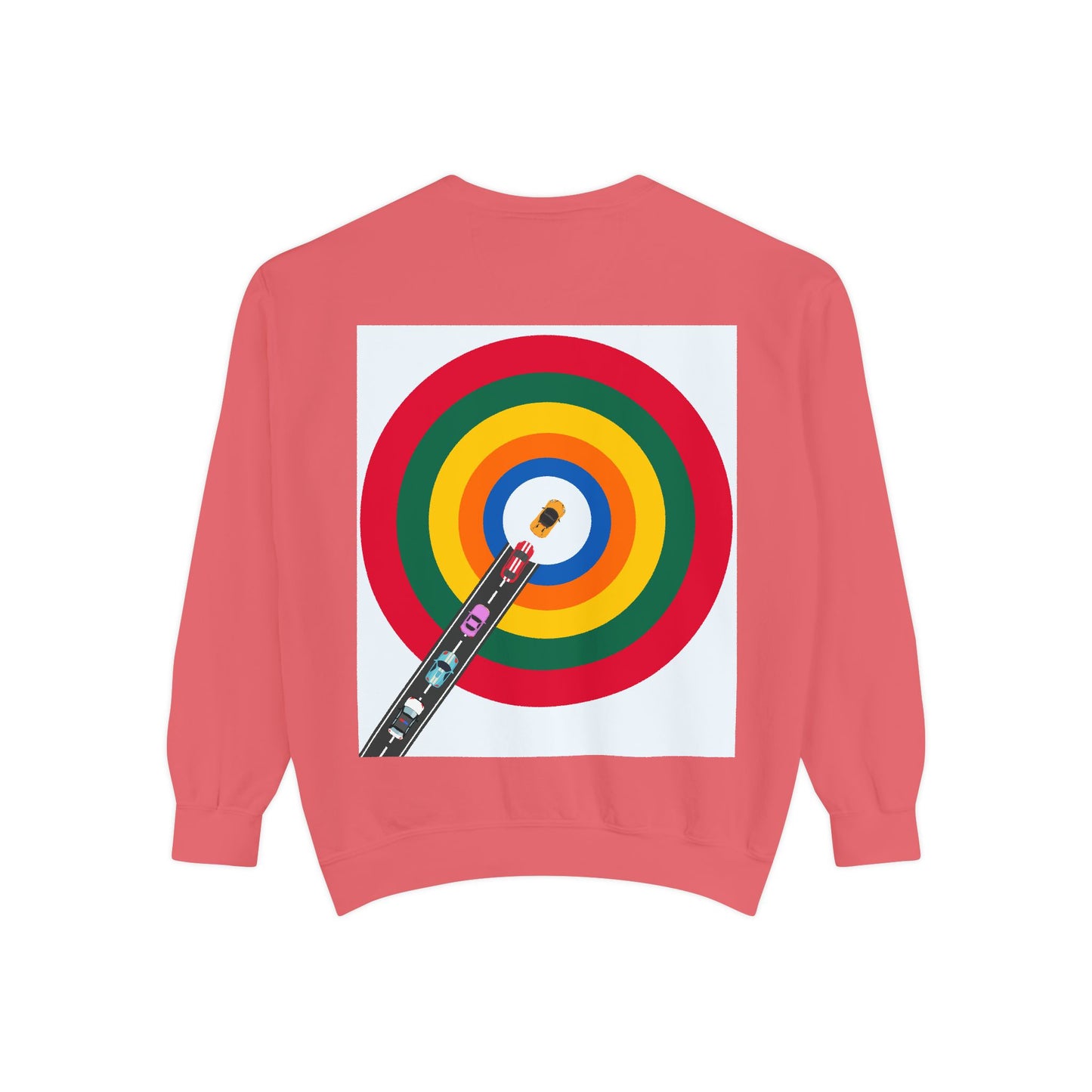 Circle Road Sweatshirt | Geometric Design with Cars and Colorful Circles