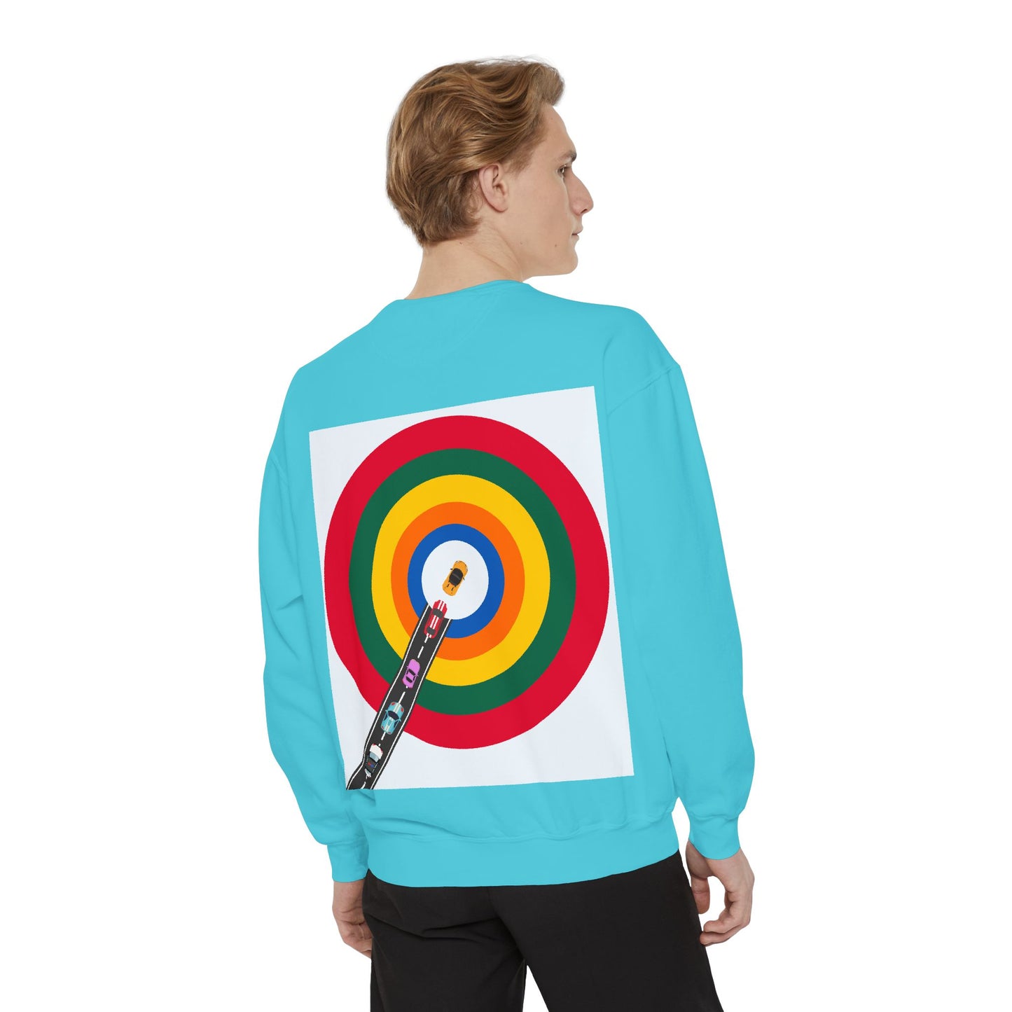 Circle Road Sweatshirt | Geometric Design with Cars and Colorful Circles