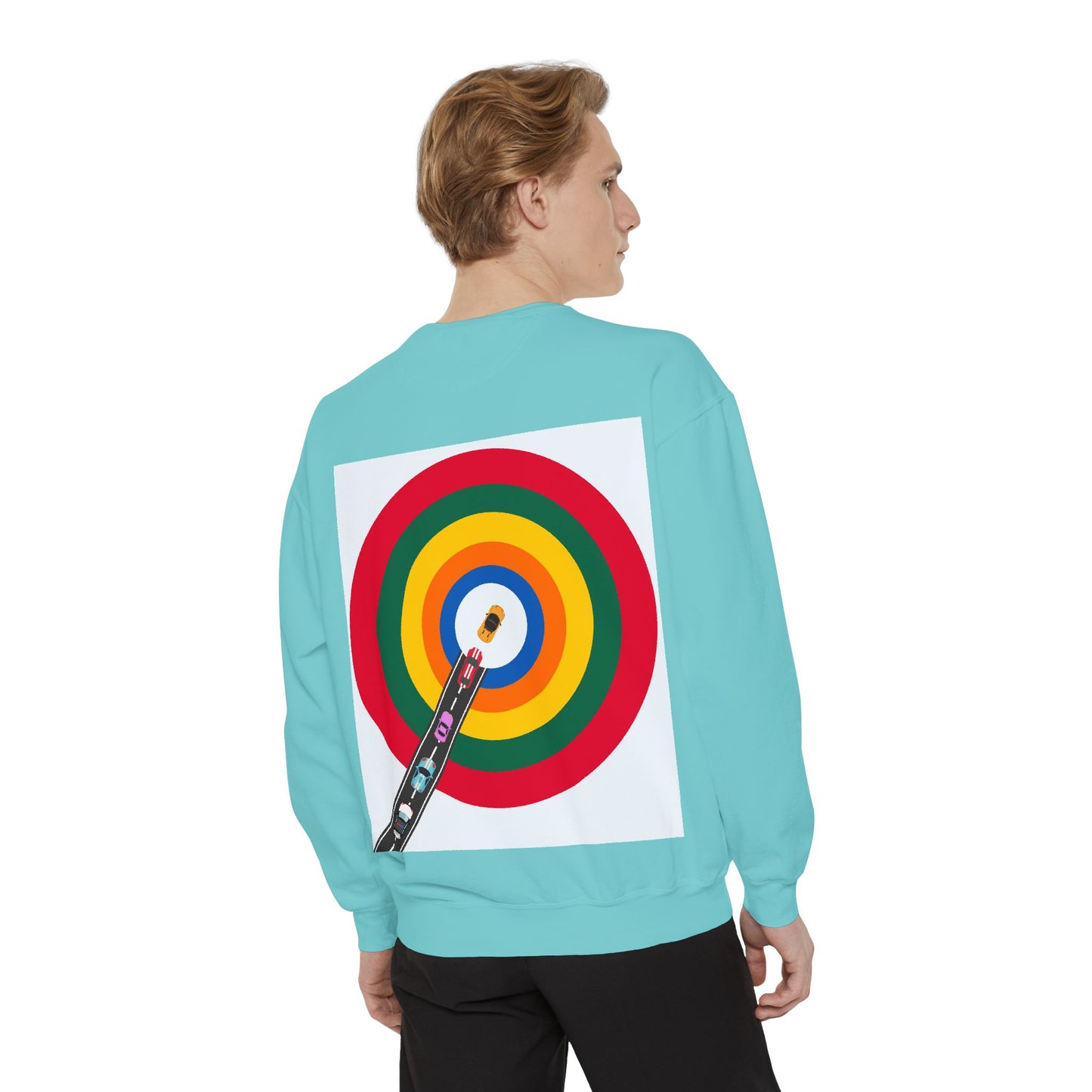 Circle Road Sweatshirt | Geometric Design with Cars and Colorful Circles