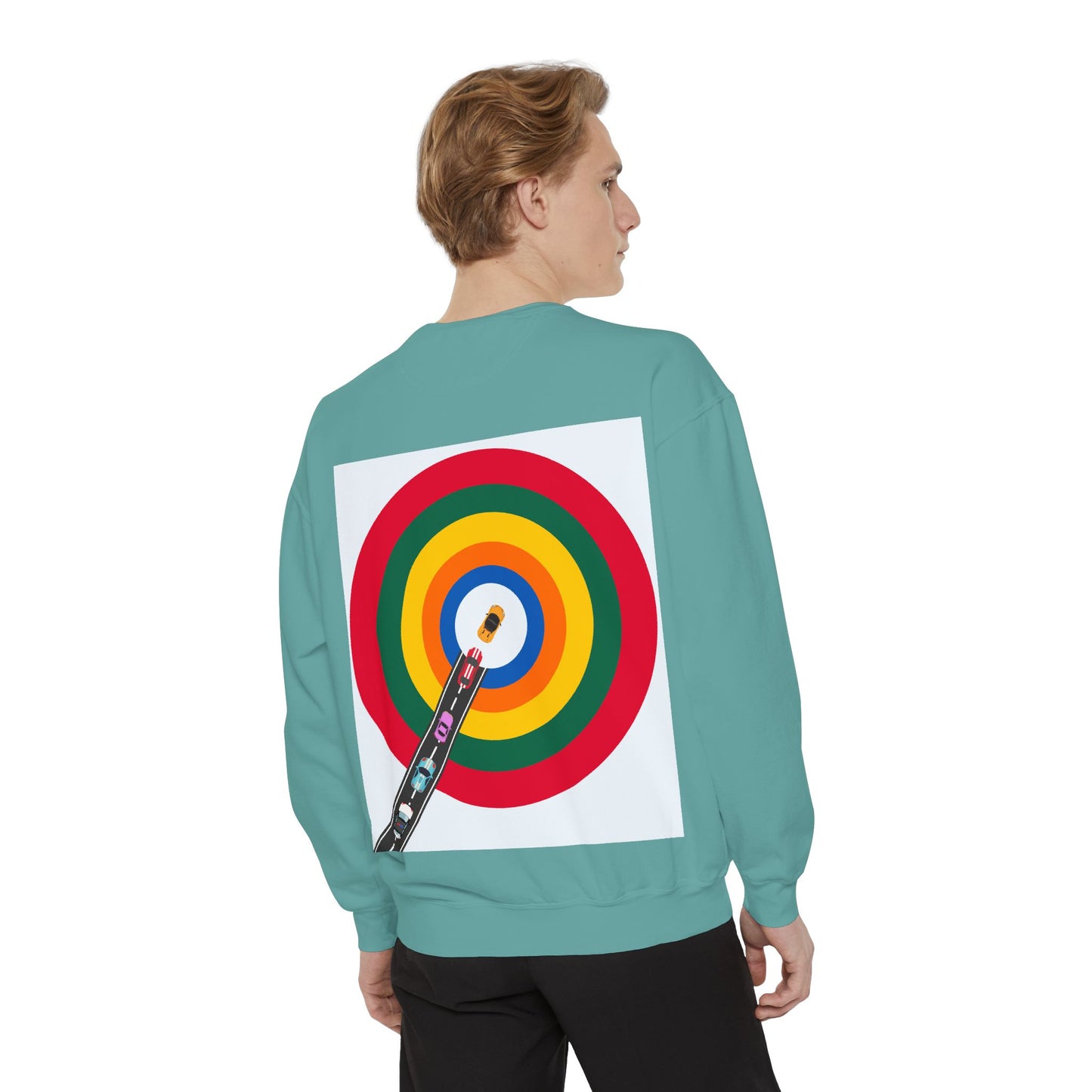 Circle Road Sweatshirt | Geometric Design with Cars and Colorful Circles