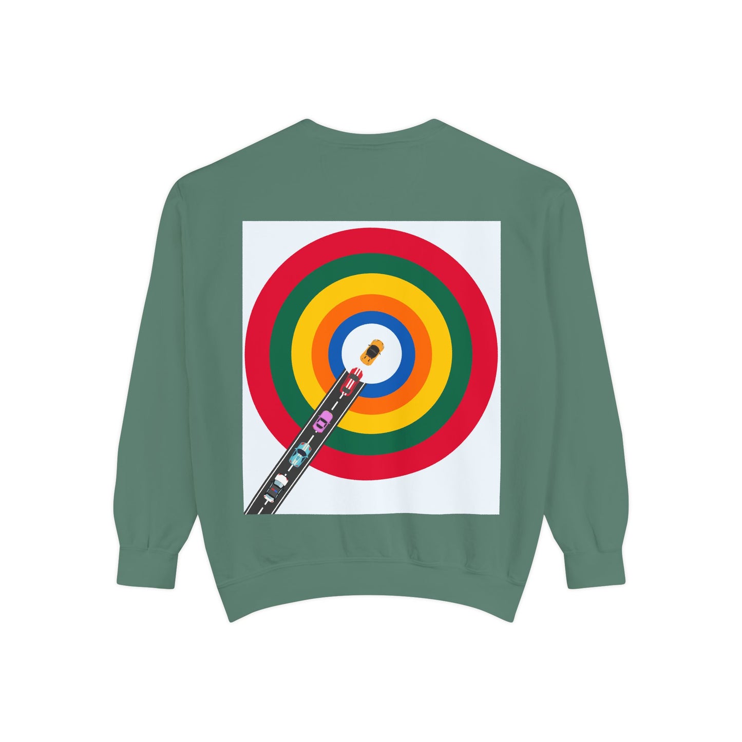 Circle Road Sweatshirt | Geometric Design with Cars and Colorful Circles