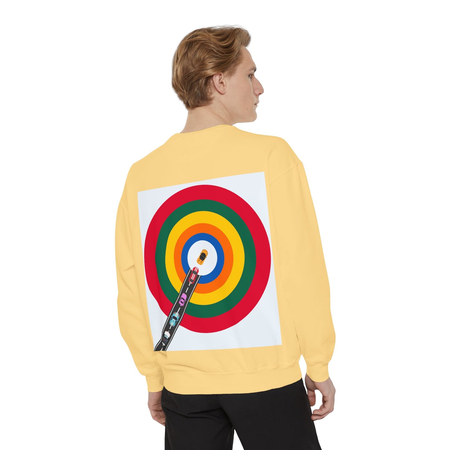 Circle Road Sweatshirt | Geometric Design with Cars and Colorful Circles