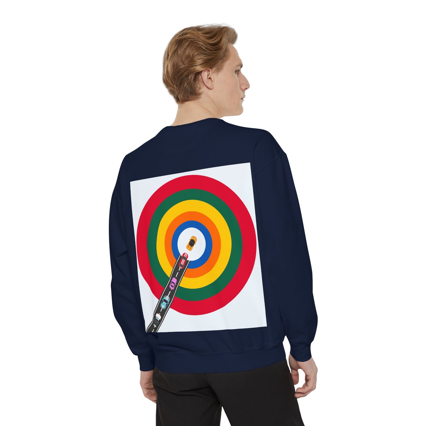 Circle Road Sweatshirt | Geometric Design with Cars and Colorful Circles