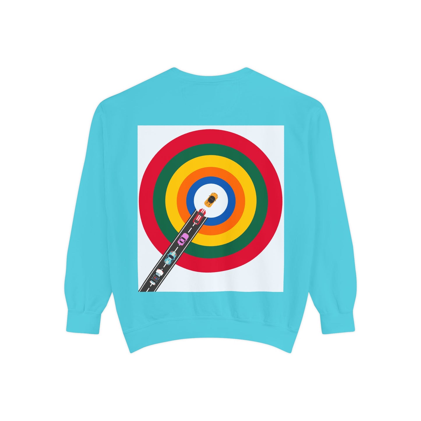 Circle Road Sweatshirt | Geometric Design with Cars and Colorful Circles