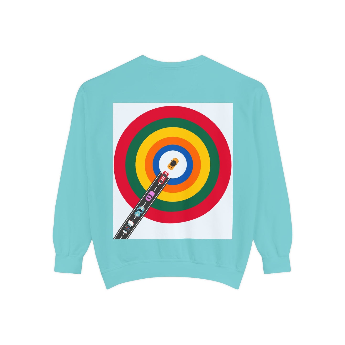 Circle Road Sweatshirt | Geometric Design with Cars and Colorful Circles