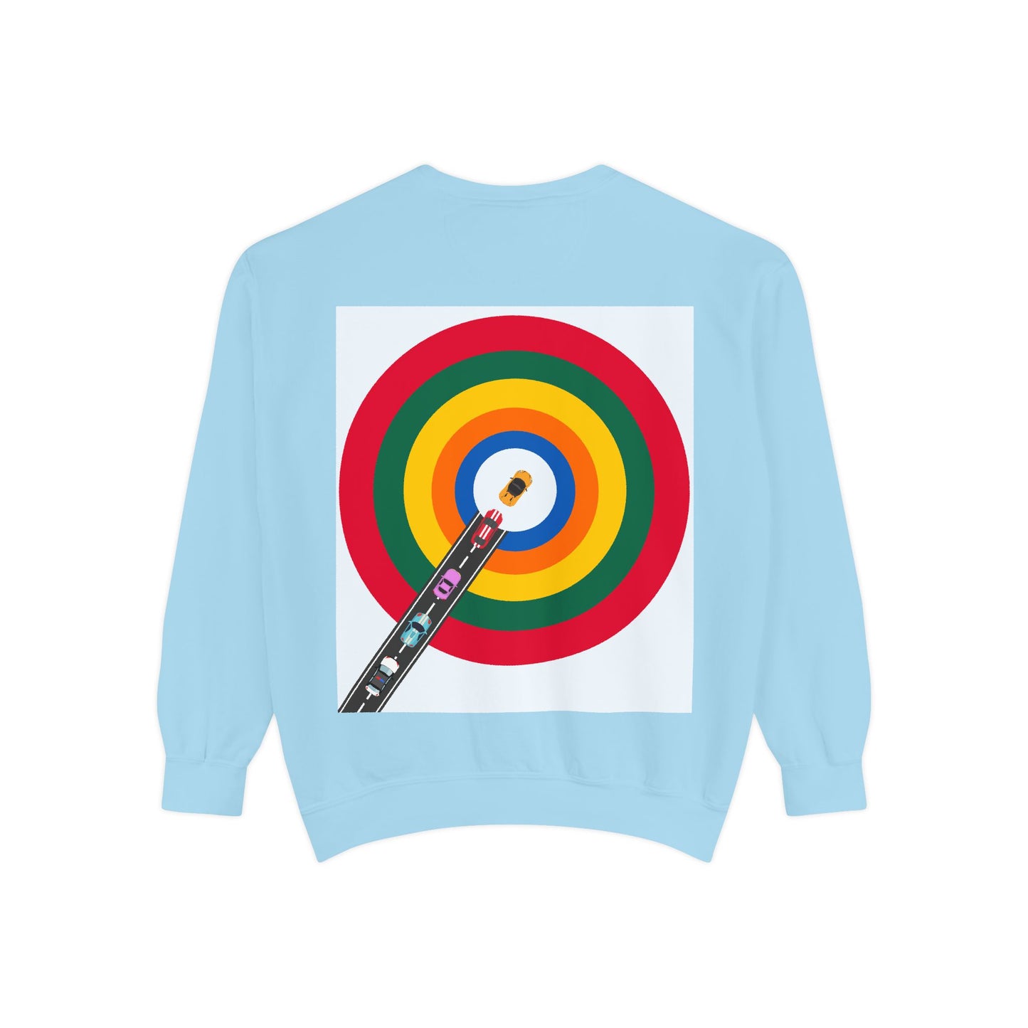 Circle Road Sweatshirt | Geometric Design with Cars and Colorful Circles