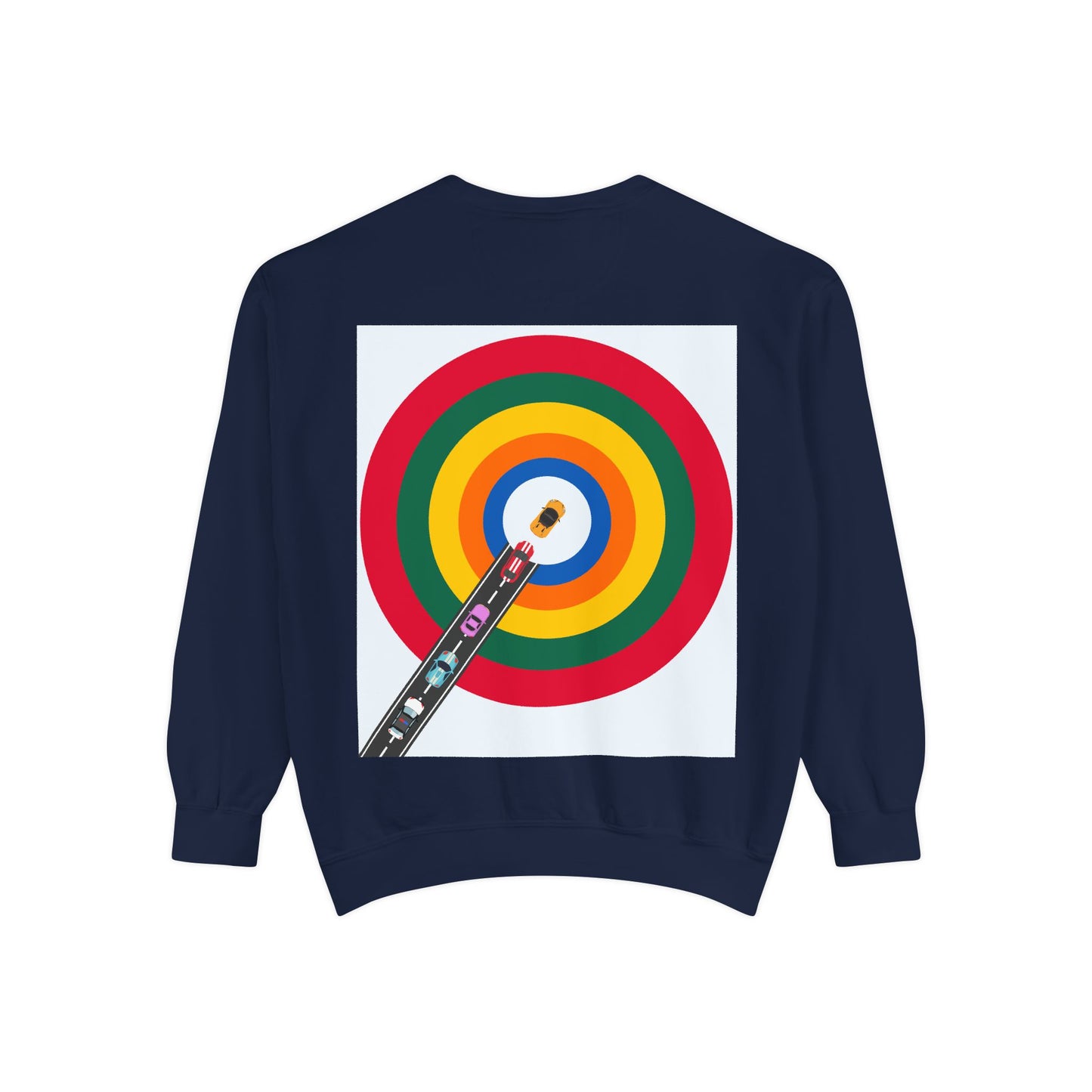 Circle Road Sweatshirt | Geometric Design with Cars and Colorful Circles