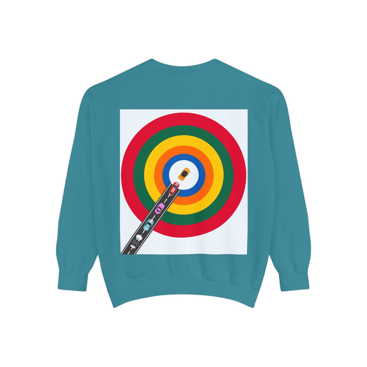 Circle Road Sweatshirt | Geometric Design with Cars and Colorful Circles