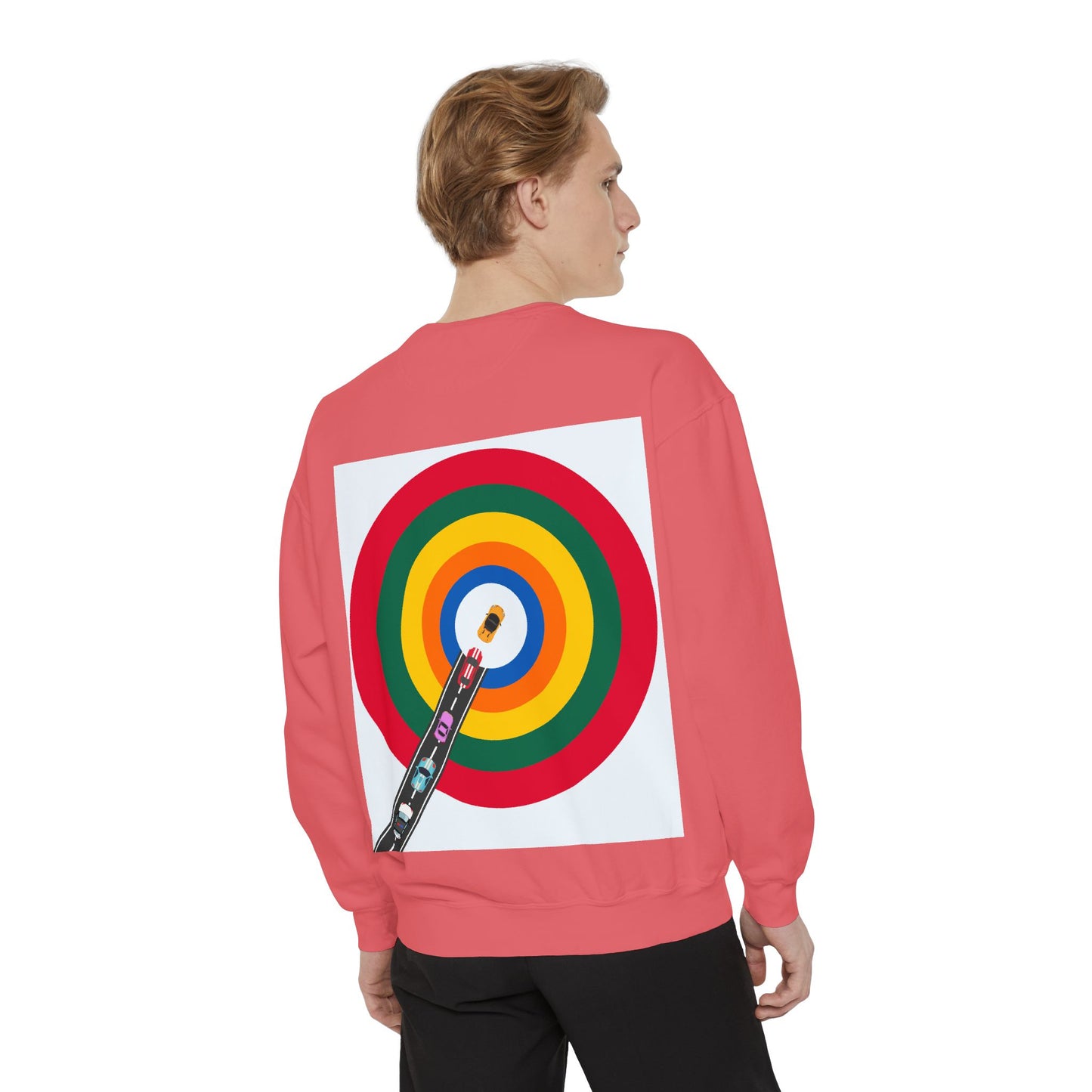Circle Road Sweatshirt | Geometric Design with Cars and Colorful Circles