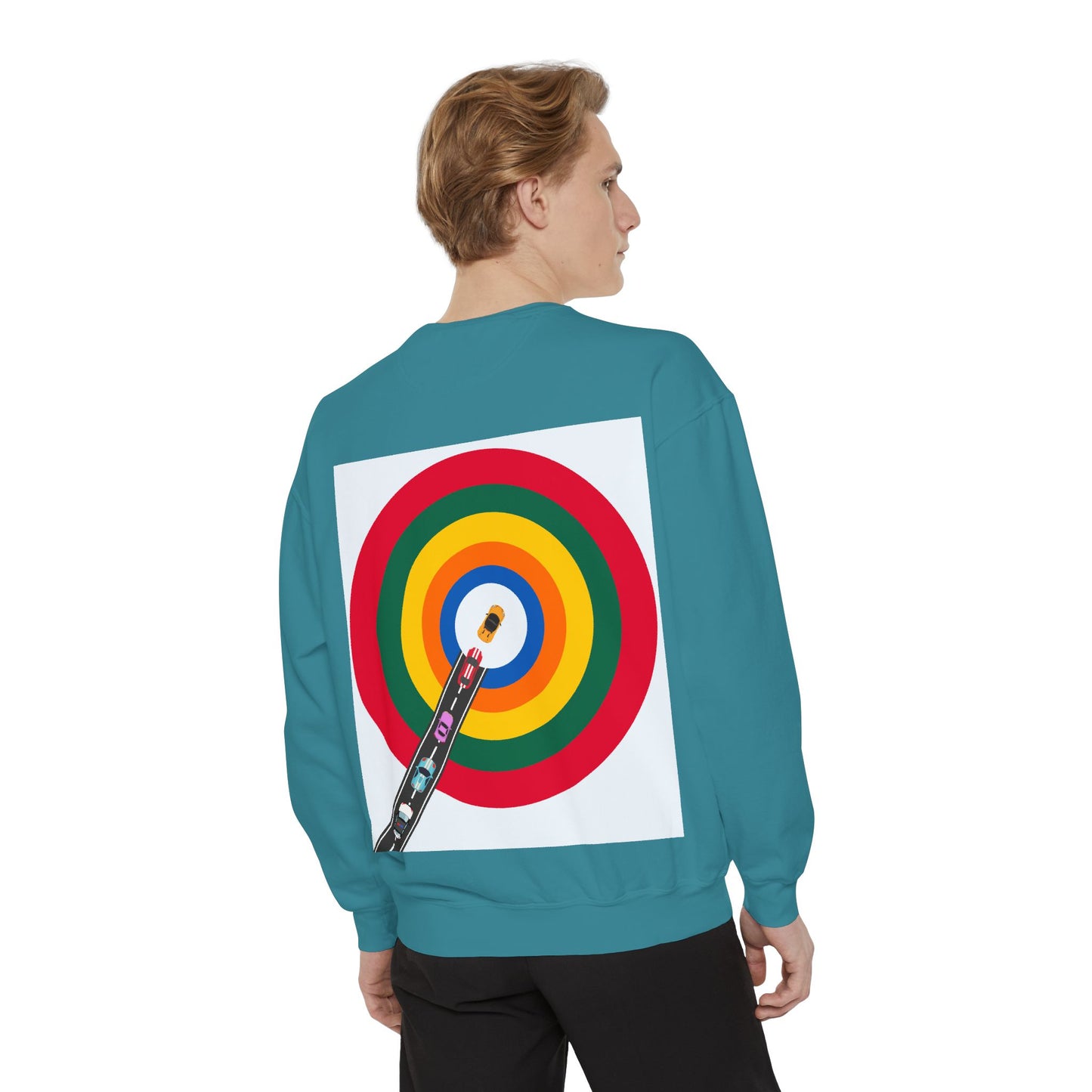 Circle Road Sweatshirt | Geometric Design with Cars and Colorful Circles