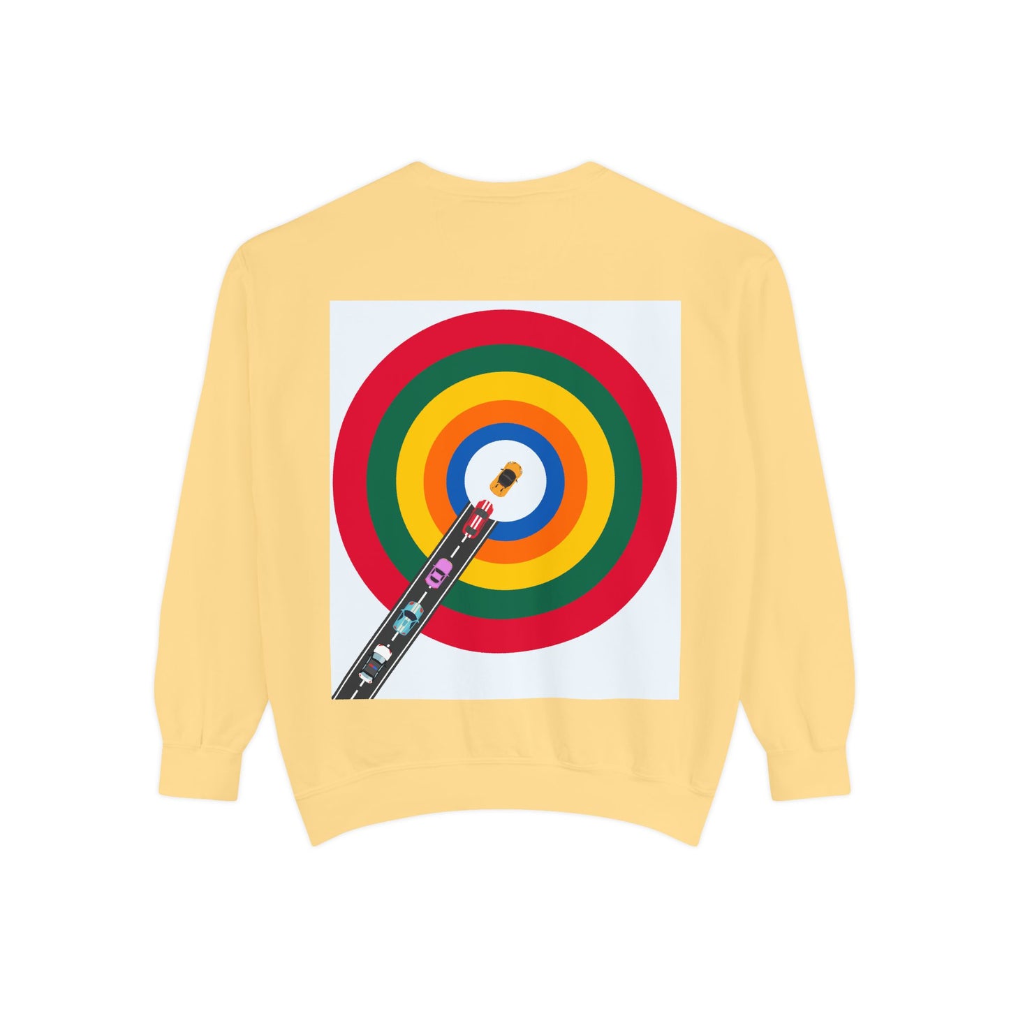 Circle Road Sweatshirt | Geometric Design with Cars and Colorful Circles