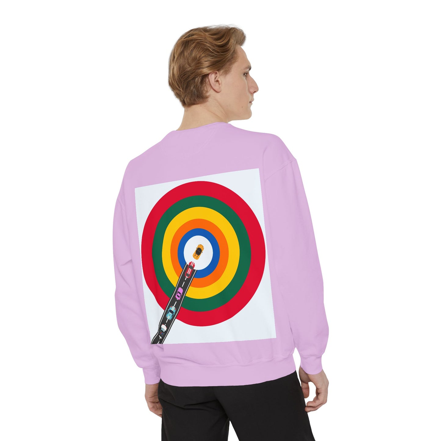 Circle Road Sweatshirt | Geometric Design with Cars and Colorful Circles
