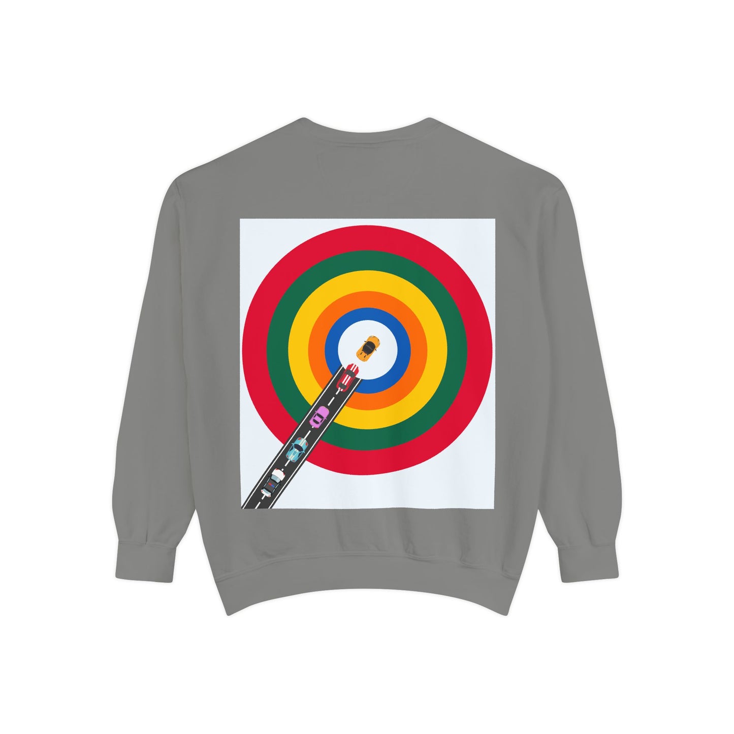 Circle Road Sweatshirt | Geometric Design with Cars and Colorful Circles