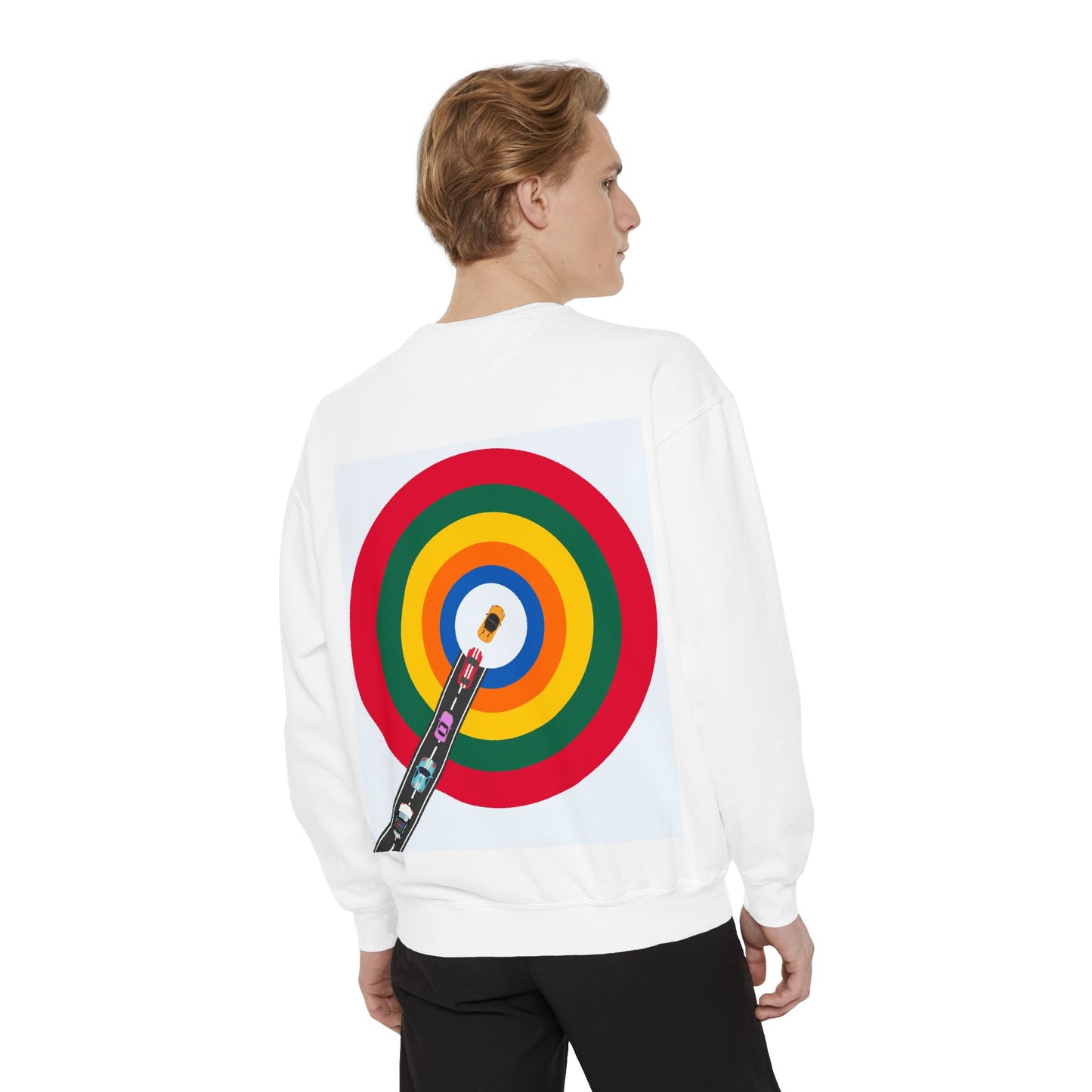 Circle Road Sweatshirt | Geometric Design with Cars and Colorful Circles