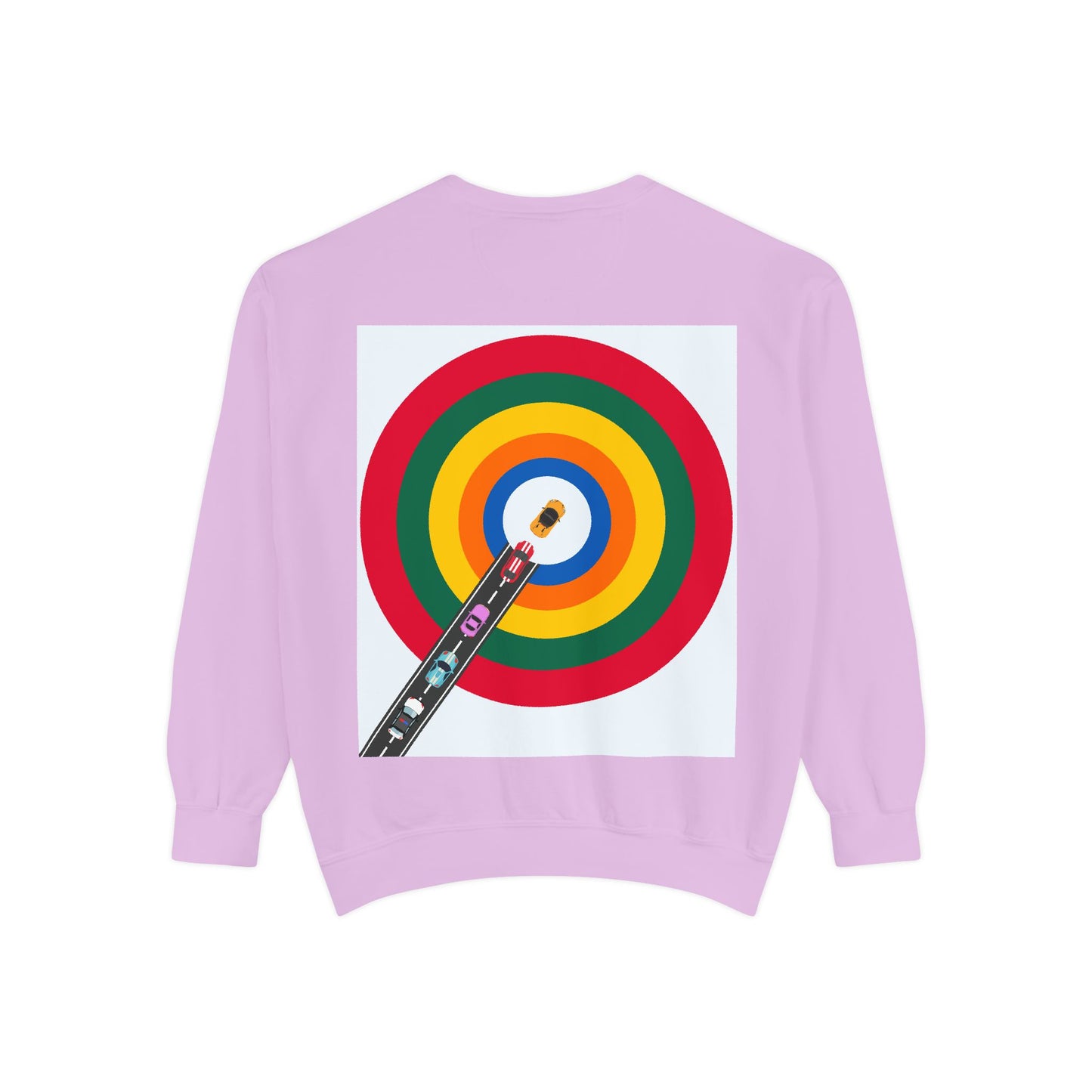 Circle Road Sweatshirt | Geometric Design with Cars and Colorful Circles