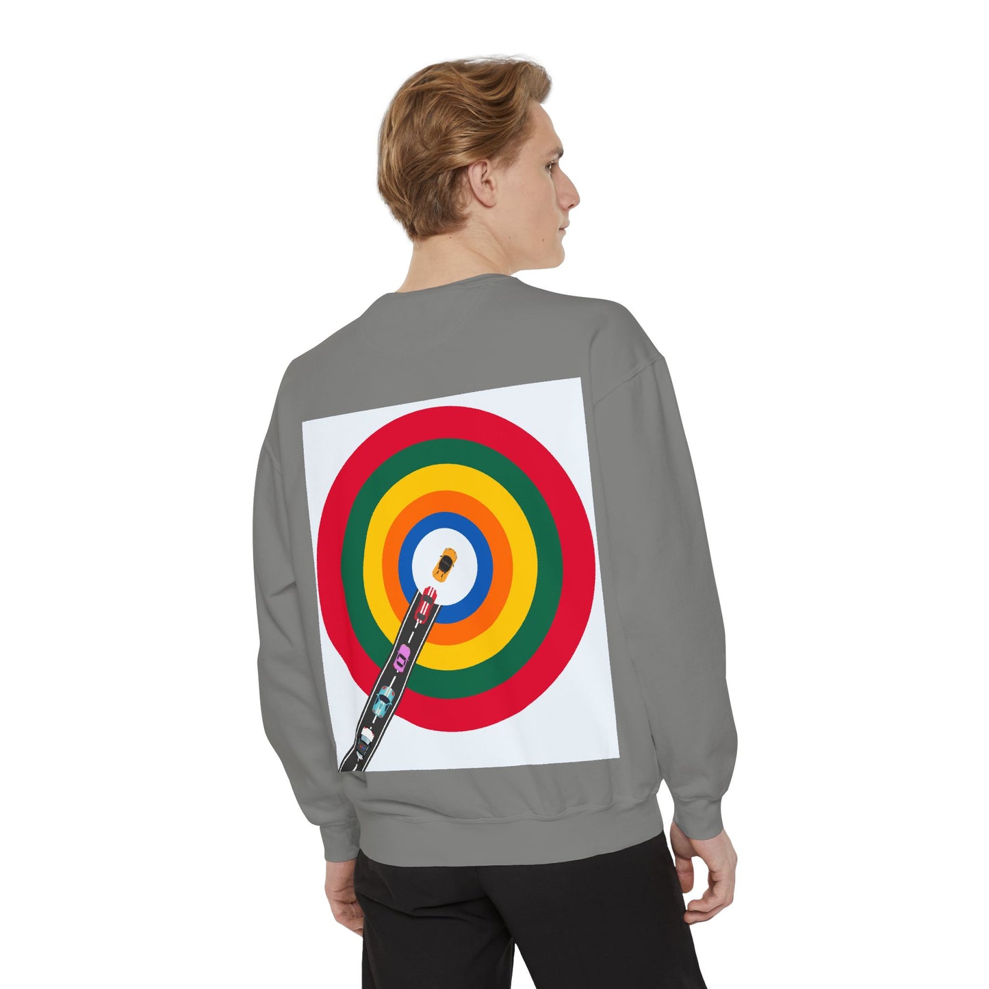 Circle Road Sweatshirt | Geometric Design with Cars and Colorful Circles