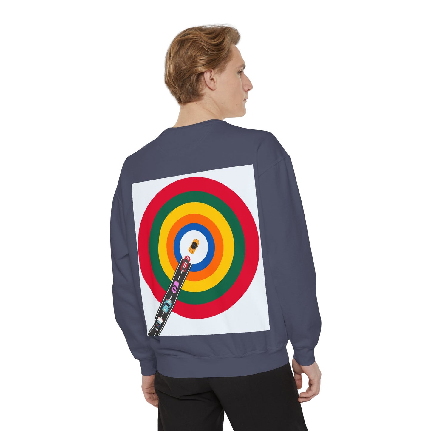 Circle Road Sweatshirt | Geometric Design with Cars and Colorful Circles